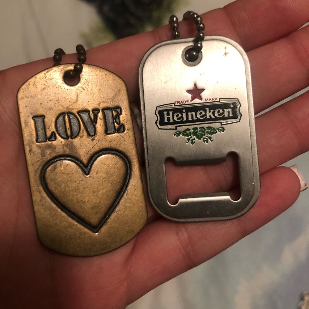 Two fashion dog tags, Heineken and Love